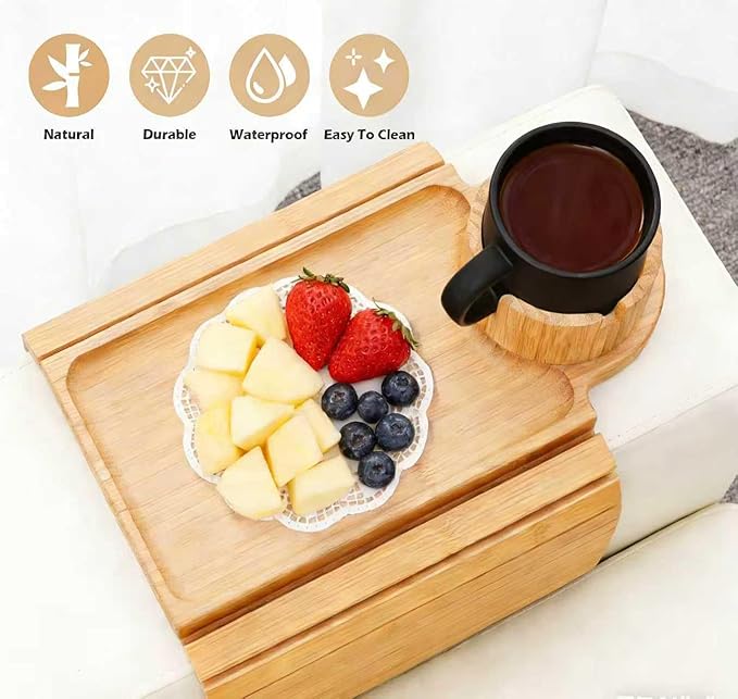 Bamboo Sofa Armrest Tray , 3 in 1 Large Couch Cup Holder Tray with Anti-Slip Pad, Stable Couch Arm Tray for Eating Drinking, Fits Wide Square & Flat Sofa/Couch Arms