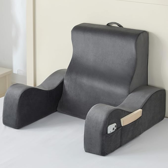 Quilmfoam Reading Pillow for Sitting in Bed Adult, Back Pillow for Sitting Up with Arms, Bed Pillow Back Support for Reading, TV, Gaming & Working, Removable Cover, Lightweight 21", Grey
