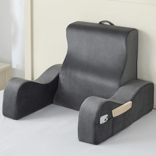 Quilmfoam Reading Pillow for Sitting in Bed Adult, Back Pillow for Sitting Up with Arms, Bed Pillow Back Support for Reading, TV, Gaming & Working, Removable Cover, Lightweight 21", Grey
