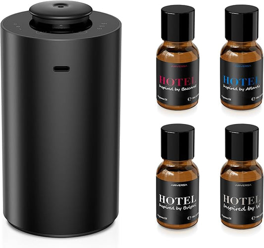 Airversa Waterless Essential Oil Diffuser Starter Kit with 4x10mL Hotel Fragrance Oils for Home Car Office, Premium Aluminum Housing, Up to 600 sq ft, Aroma Nebulizer Baterry Operated, ANX Kit-D Black