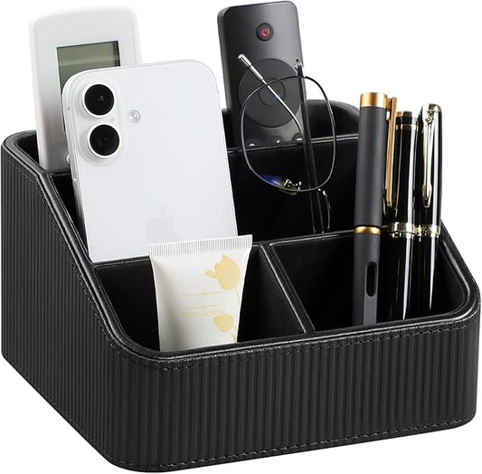 Remote Control Holder with 4 Compartments, PU Leather Small Nightstand Organizer for Home Desk Accessories Office Supplies, Multifunctional Stylish Small Bedside Desktop Organizers (Black)