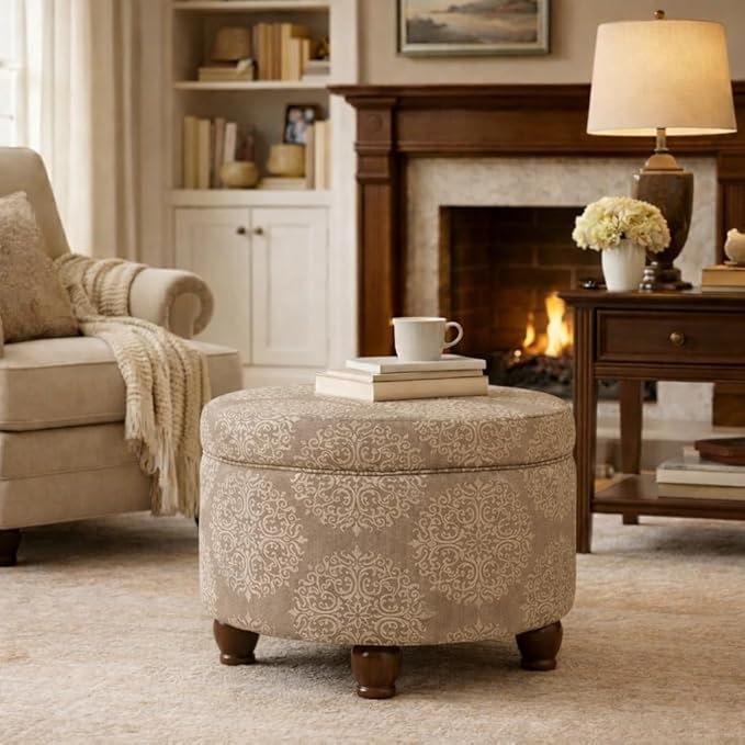 Homepop Home Decor | Upholstered Round Storage Ottoman | Ottoman with Storage for Living Room & Bedroom, Brown Medallion