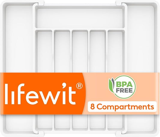 Lifewit Silverware Drawer Organizer, Expandable Utensil Tray for Kitchen, BPA Free Flatware and Cutlery Holder, Adjustable Plastic Storage for Spoons Forks Knives, 10.9"-17.5" x 13.7", White
