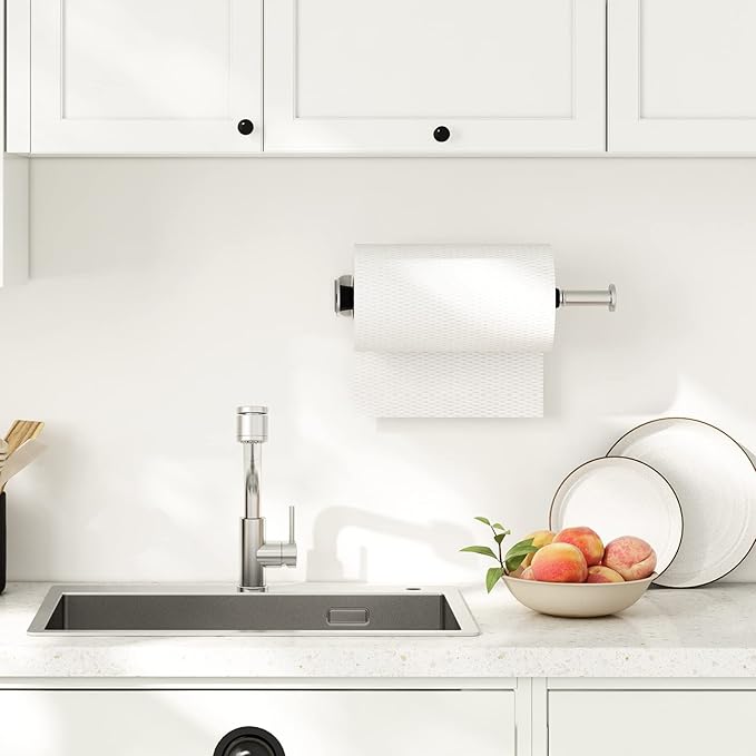 Fixwal Paper Towel Holder Under Cabinet, Single Hand Operable Wall Mount Paper Towel Holder with Damping Effect, Bend-Resistant, Self-Adhesive or Drill Mounting for Kitchen Bathroom, Silver