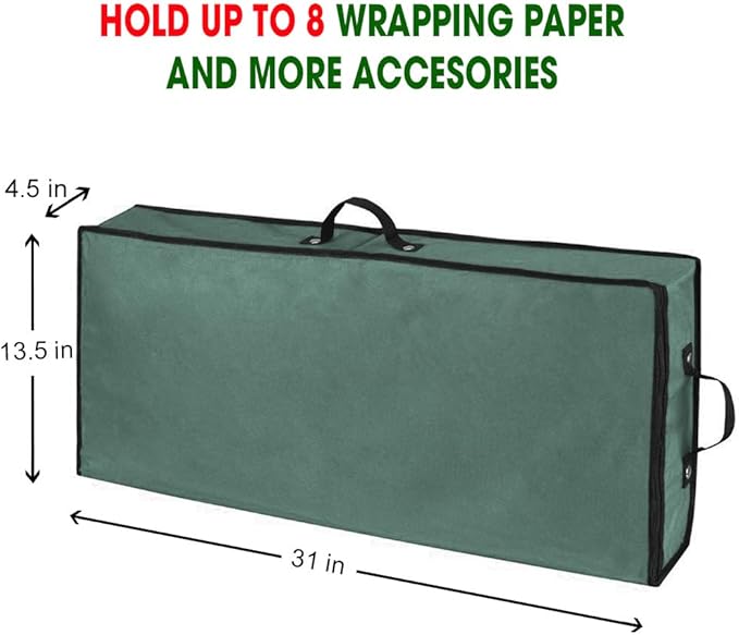 Primode Wrapping Paper Storage Container | Under Bed Gift Wrap Organizer for 30 Inch Rolls | 31”x13.5”x4.5” | 600D Oxford Material | Box Holder with Pockets for Ribbon, Bows, and Accessories (Green)