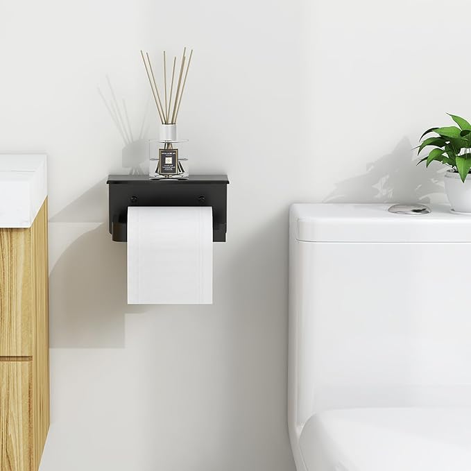 Gypie Toilet Paper Holder with Phone Shelf, Matte Black Toilet Paper Holder Wall Mount, Rustproof Stainless Steel Bathroom Storage