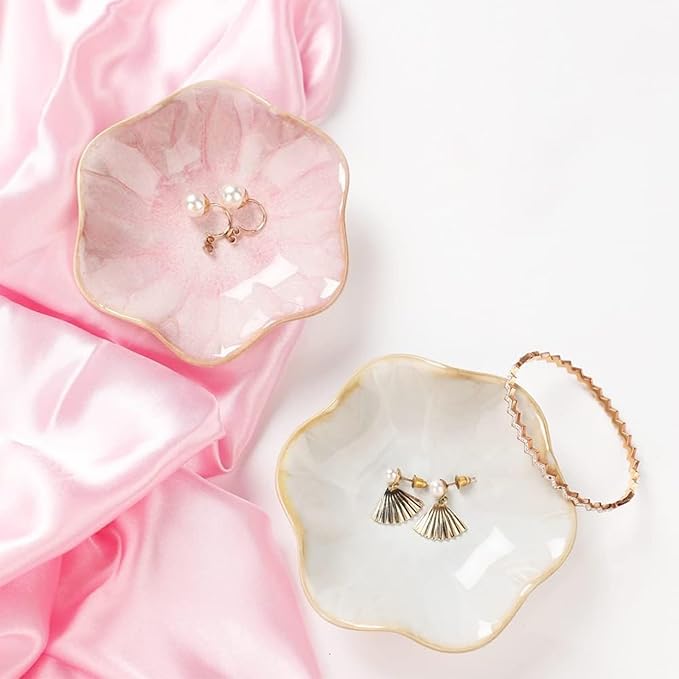 Binoster Ceramic Jewelry Dish, Jewelry Tray Key Tray,Small Ring Dish Holder Jewelry Plate Trinket Dish Catchall Tray Nightstand Decor For Table Room Decor SM (4.3 Inches, White + Pink)