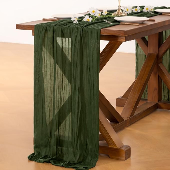 Socomi 6pcs Olive Green Cheesecloth Table Runner Boho Rustic Gauze 120 inch 10FT Cheese Cloth Runner for Wedding Party Baby Shower Birthday Home Decor