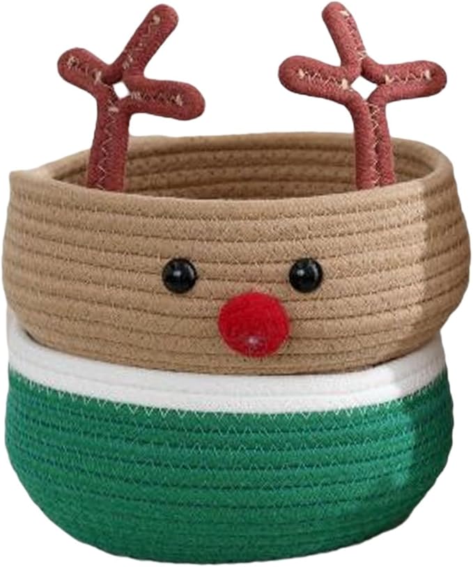 Christmas Basket with Reindeer Motif, Woven, Storage Basket, Decoration, Storage Box, Organizer, Toy Basket for Gifts, Kitchen, S