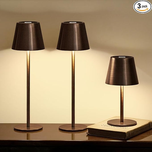 3 Pack Cordless Table Lamp, Portable Battery Operated Lamp with 3 Color Temps and Stepless Dimming, Rechargeable Table Lamp for Dinner, Desk, Cafe, Outdoor (Brushed Mocha)