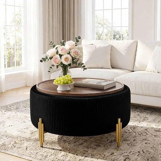 30'' Round Storage Ottoman Coffee Table, Modern Velvet Upholstered Ottoman with Lid and Metal Legs for Living Room, Bedroom (Black)