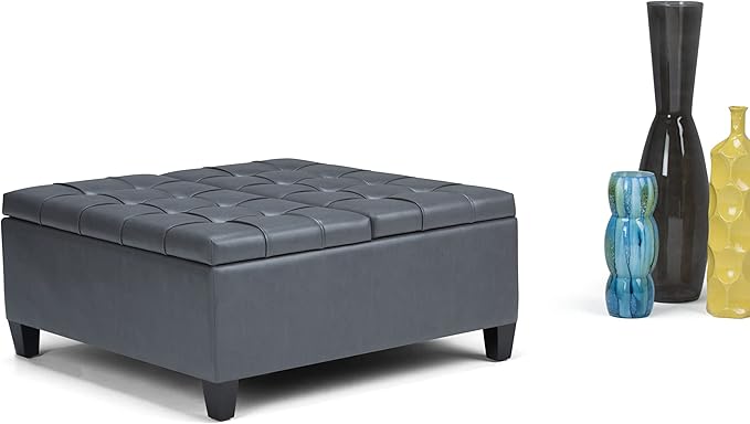 SIMPLIHOME Harrison Coffee Table Storage Ottoman - 36 inch Wide Upholstered Vegan Leather Square Lift-Top Ottoman in Stone Grey, Transitional Ottoman for Living Room with Hidden Storage
