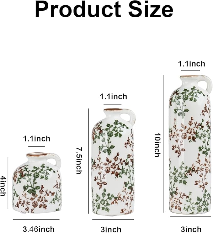 3-Piece Ceramic Jug Vase Set with Handles – Vintage Green Floral Crackle Glaze Decorative Vases for Home, Farmhouse Living Room, Shelf & Table Decor