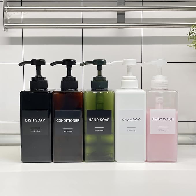 Soap Dispenser with Waterproof Labels, Thickened Plastic Hand Soap Dispenser for Bathroom, Kitchen Dish Washing Liquid Bottles, Shampoo and Conditioner Bottles with Funnel (16oz 4Pack Black White)
