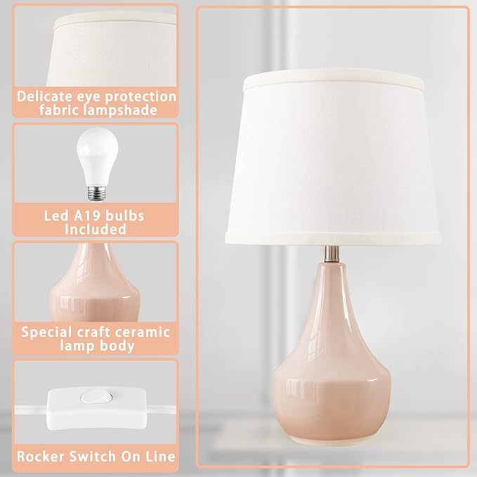GyroVu 18" Table Lamp Set of 2, Ceramic Lamp Classic Beside Lamps Nightstand Lamp Modern Bedside Lamp for Living Room, Bedroom & Office Rocker Swtich Pink-LED Bulbs Included