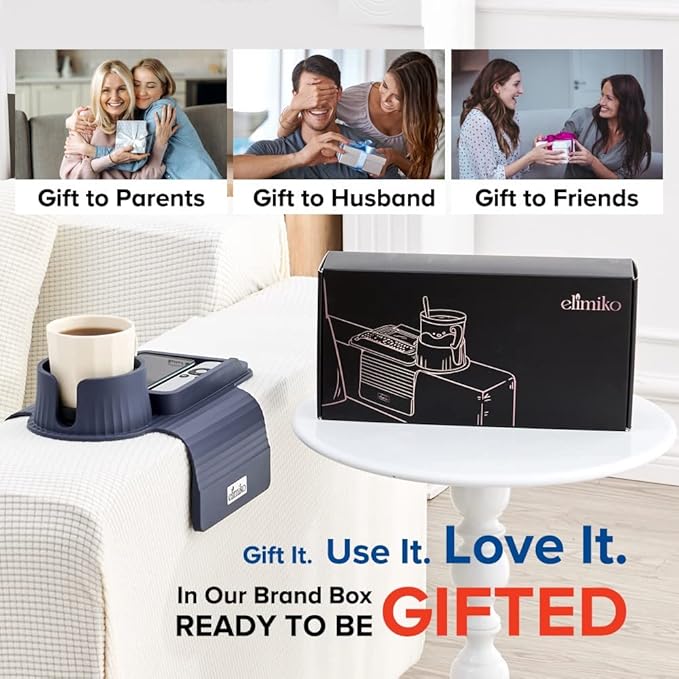 Couch Cup Holder Tray, Elimiko Silicone Sofa Drink Holder with Large Cup Holder and Tray, for Oversized Mugs/Long Remote/Snacks/Cellphone (Navy Blue)