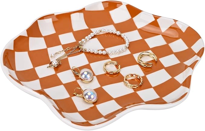 Koythin Jewelry Tray, Ceramic Jewelry Dish Trinket Tray Organizer, Checkered Pattern Aesthetic Decorative for Kitchen, Bathroom, Birthday Gift (Brown Plaid)