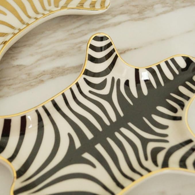 Zebra Stripe Jewelry Tray Ceramic Dishes Plate Gilded 5.9", Gold (Black)
