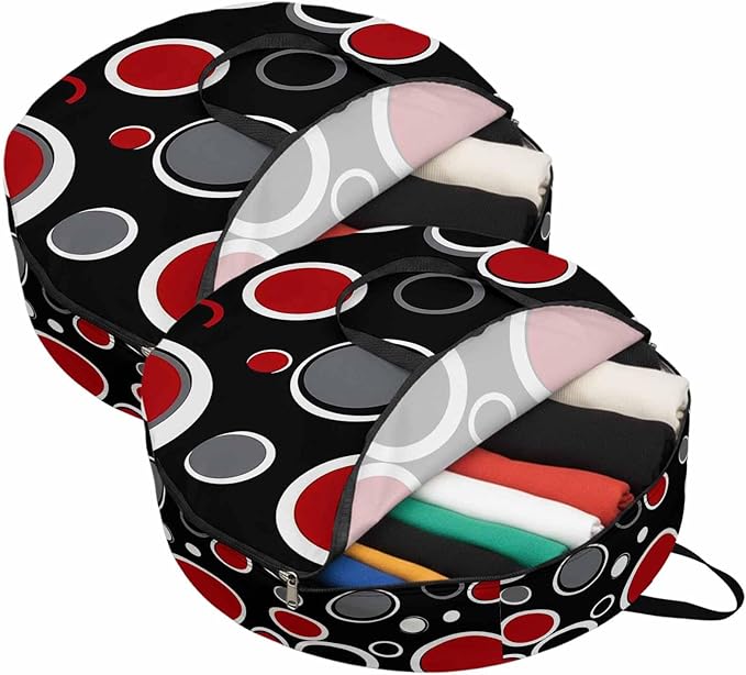 24 Inch Round Storage Bag 2 Pack,Abstract Red Black Circle Waterproof Wreath Storage Container with Handles&Zipper Color Block on Black Closet Organizer Bags Garland Box