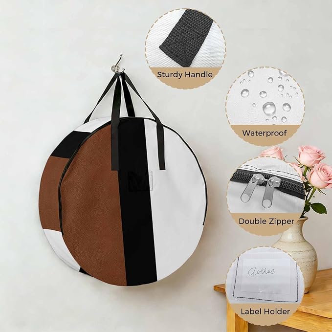 Storage Bag Brown Black Stripe Round Storage Totes Bins Closet Organizers with Zippers & Handle Boho Style Clothes Storage Container for Bedroom Dorm Space Saving Packing Supplies Moving Bags