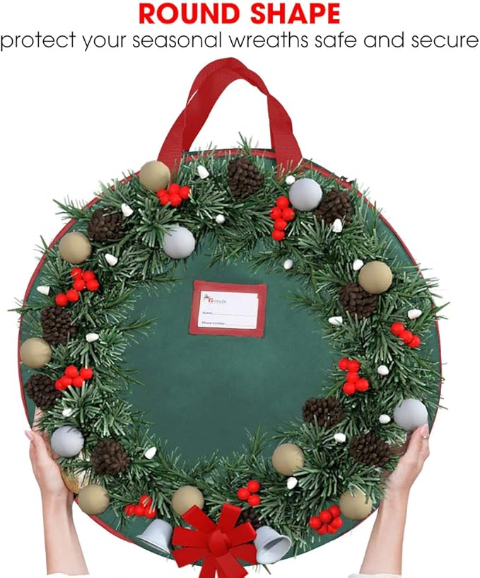 Primode Christmas Wreath Storage Bag 24",2 Pack Artificial Wreath Container,Garland Holiday Xmas Wreaths Holder,Sturdy Handles,Inner Straps,Card Slot Dual Zipper Strong Oxford (24 Inch, Green)