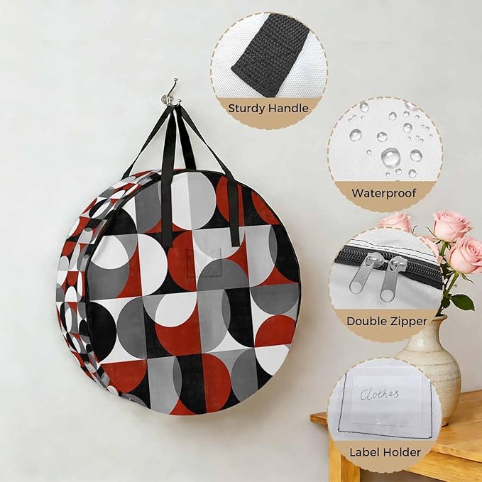Storage Bag Mid Century Geometric Round Storage Totes Bins Closet Organizers with Zippers & Handle Abstract Modern Red Clothes Storage Container for Bedroom Dorm Space Saving Packing Supplies Bags