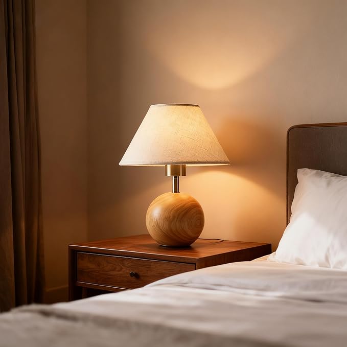Table Lamp for Living Room,Wood Base Flaxen Fabric Shade Desk Lamp for Bedroom,Small Décor Ambient Bedside Lamps for Night Stands,LED Bulb (not Included) (2 Pack)