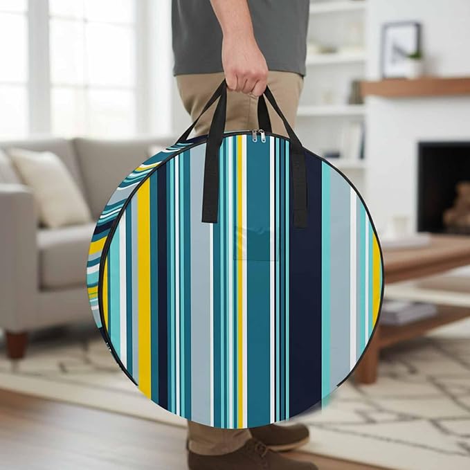 Storage Bag Blue Stripes Round Storage Totes Bins Closet Organizers with Zippers & Handle Boho Style Lines Striped Clothes Storage Container for Bedroom Dorm Space Saving Packing Supplies Moving Bags