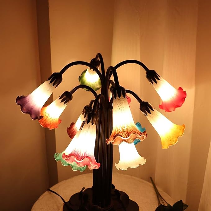 Bieye L10952 Lily Flower Blown Glass Accent Table Lamp for Living Room Bedroom Decoration Multicolor 12-Light
