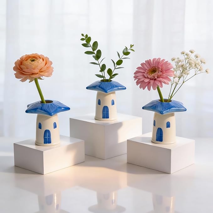 MOUGIGI Cute Blue House Ceramic Bud Vase Set of 3 - Handmade Miniature Vase with Star Roof for Dried Flowers, Chic Japandi Style Decor for Entryway, Dining,Coffee Table - Ideal Small Gift for Home