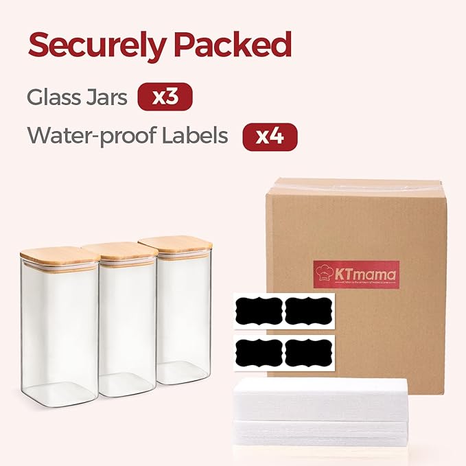Airtight Glass Storage Canister with Lids, Kitchen Pantry Storage Jar with Labels, Food Storage Container for Sugar Tea Coffee Beans Snacks (2 pack 1.6qt)