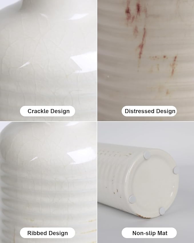 White Ceramic Vase Set of 3 – Ribbed Texture Crackle Glaze Bottle Vases for Rustic Farmhouse Table Centerpiece, Shelf & Mantel Decor