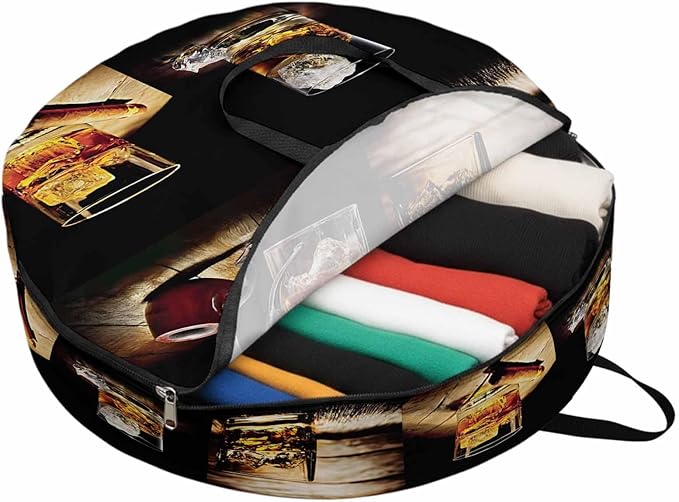 Storage Bag Whisky Glass Round Storage Totes Bins Closet Organizers with Zippers & Handle Wine Old Fashioned Wood Grain Clothes Storage Container for Bedroom Dorm Space Saving Packing Supplies Bags