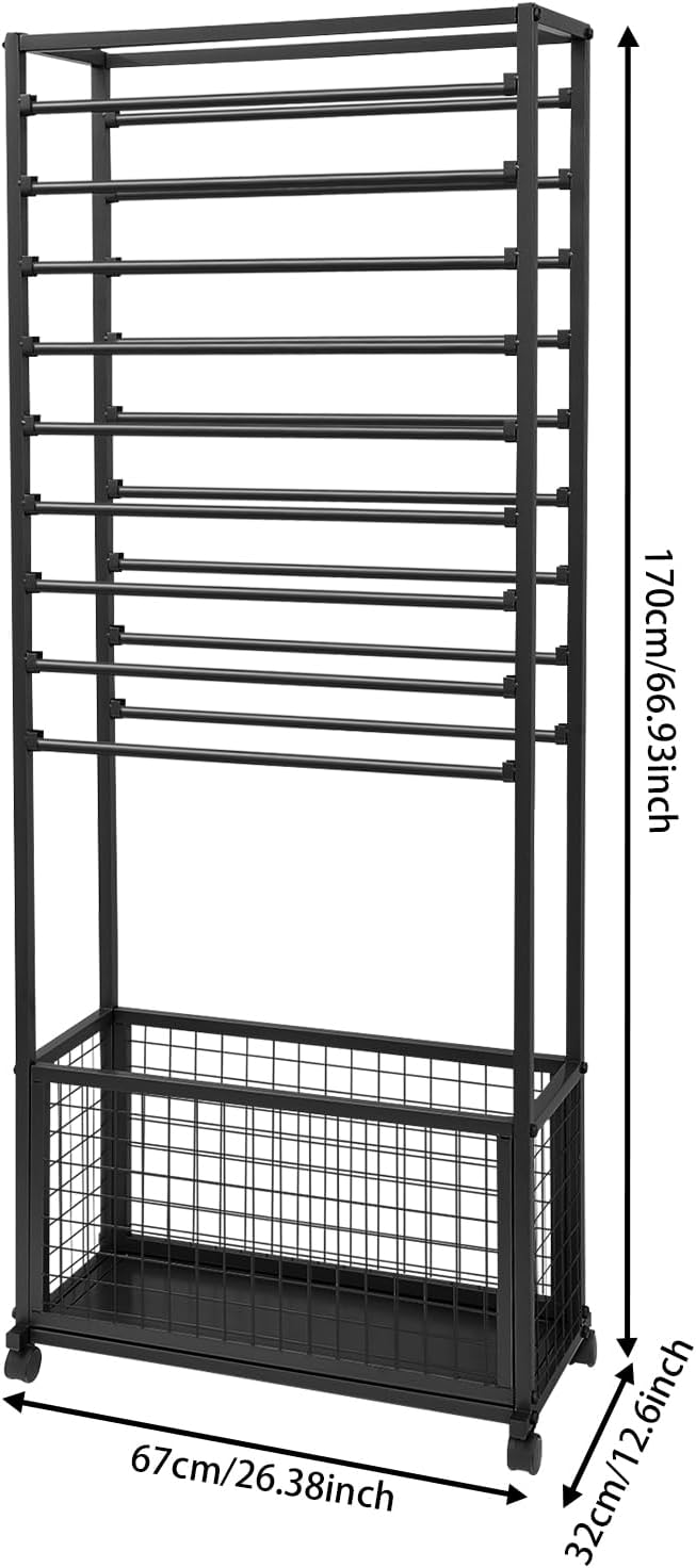 20 Tier Ribbon Holder Organizer Rack, Metal Double-Sided Ribbon Spool Storage Shelf with Wheels, Rolling Flower Wrapping Paper Storage Stand for Craft Room Flower Shop Gift Wrapping(Taller, Black)