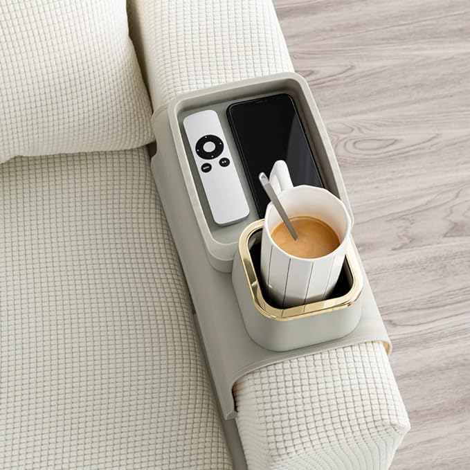 Couch Cup Holder Tray, Elimiko Silicone Anti-Spill and Anti-Slip Couch Drink Holder, Strong and Weighted Phone/Remote/Snacks Sofa Cup Holder (Griege)