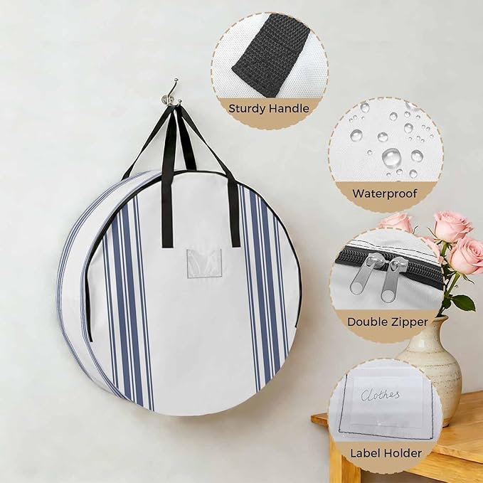 Storage Bag Blue White Striped Round Storage Totes Bins Closet Organizers with Zippers & Handle Farmhouse Striped Clothes Storage Container for Bedroom Dorm Space Saving Packing Supplies Moving Bags