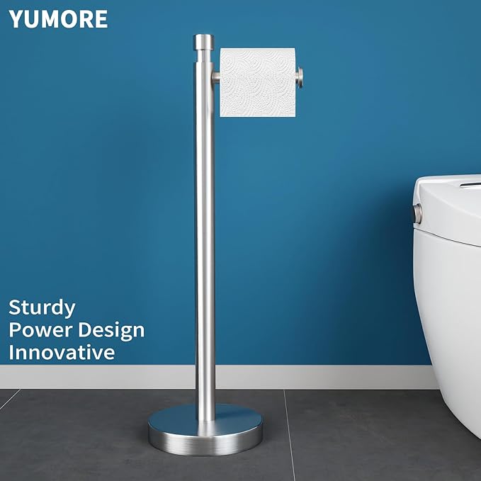 YUMORE Toilet Paper Holder Stand, 4.4lbs Heavy Duty Stainless Steel Free Standing Bathroom Tissue Roll Holder, Brushed Nickel