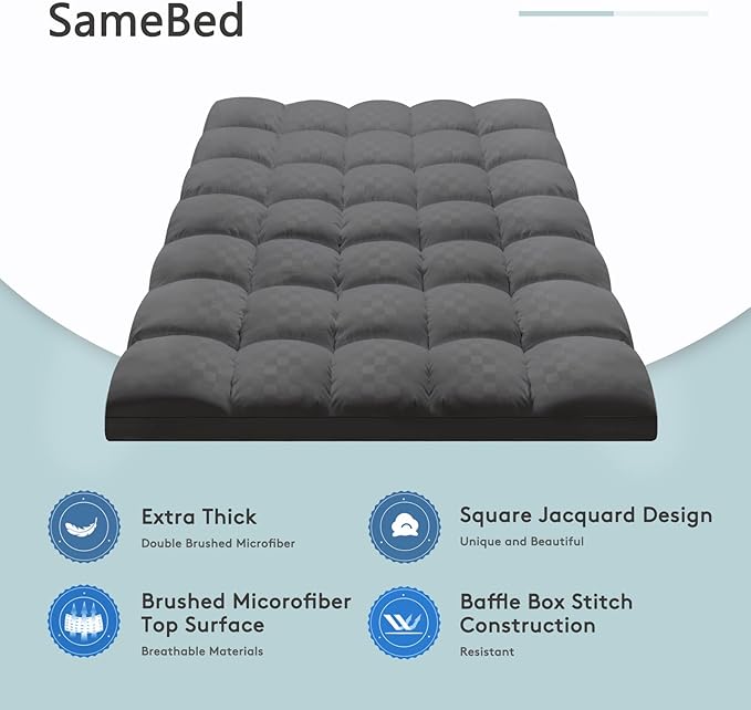 SameBed Mattress Topper Queen,Extra Thick Mattress Pad Cover for Back Pain,Cooling Mattress Protector with 8-21 Inch Deep Pocket,Overfilled Down Alternative Filling,Grey