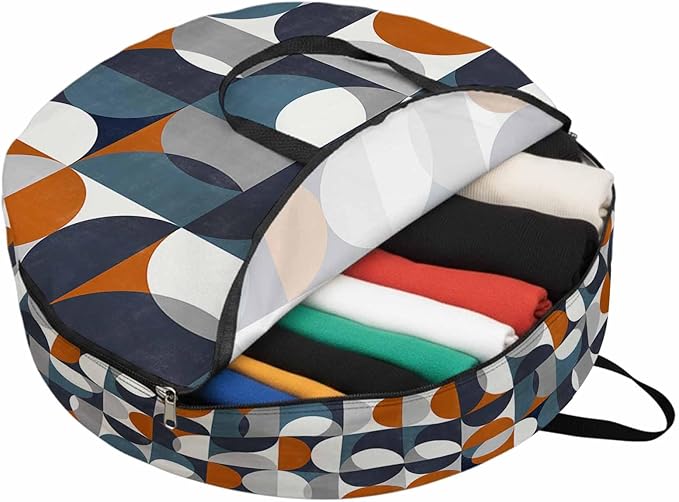 Storage Bag Mid Century Geometric Round Storage Totes Bins Closet Organizers with Zippers & Handle Abstract Modern Orange Blue Clothes Storage Container for Bedroom Dorm Space Saving Packing Supplies