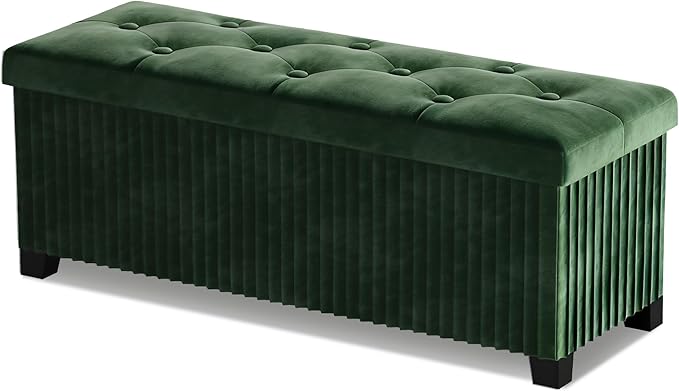 LITZFUR Storage Ottoman Bench, 43 Inch Foldable Ottoman with Legs, Velvet Foot Rest Stool, End of Bed Bench, Storage Chest for Living Room, Bedroom, Green
