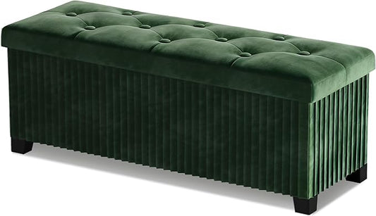LITZFUR Storage Ottoman Bench, 43 Inch Foldable Ottoman with Legs, Velvet Foot Rest Stool, End of Bed Bench, Storage Chest for Living Room, Bedroom, Green
