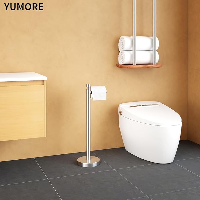 YUMORE Toilet Paper Holder Stand, 4.4lbs Heavy Duty Stainless Steel Free Standing Bathroom Tissue Roll Holder, Brushed Nickel