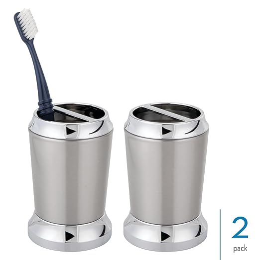 iDesign Stainless Steel Bathroom Counters-Set of 2 Toothbrush Holder, Pack of 2, Brushed/Chrome Split Finish