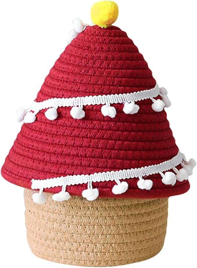 Hemobllo Christmas Tree Woven Cotton Rope Basket with Lid Decorative Sundries Storage Container for Living Bedroom and Bathroom Organization Cute Nordic Style Red Holiday Organizer