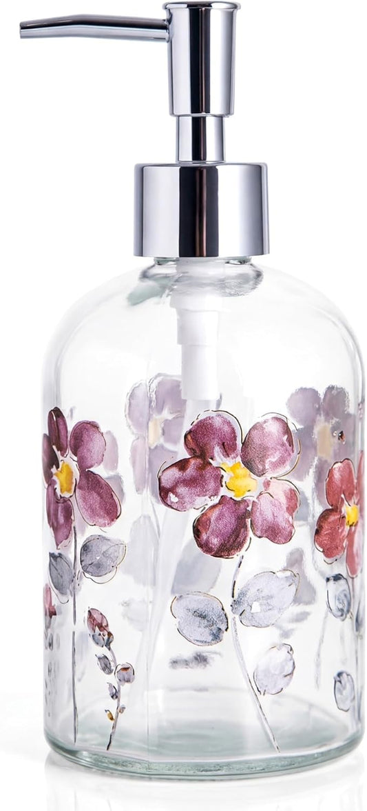 17oz Glass Soap Dispenser with Plastic Pump for Kitchen and Bathroom, Refillable Liquid Clear Bottle for Dish Soap & Hand Soap(Flower)