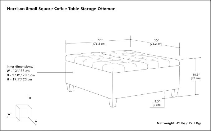SIMPLIHOME Harrison Small Coffee Table Storage Ottoman - 30 inch Wide Upholstered Linen Look Fabric Square Lift-Top Ottoman in Cloud Grey, Transitional Ottoman for Living Room with Hidden Storage