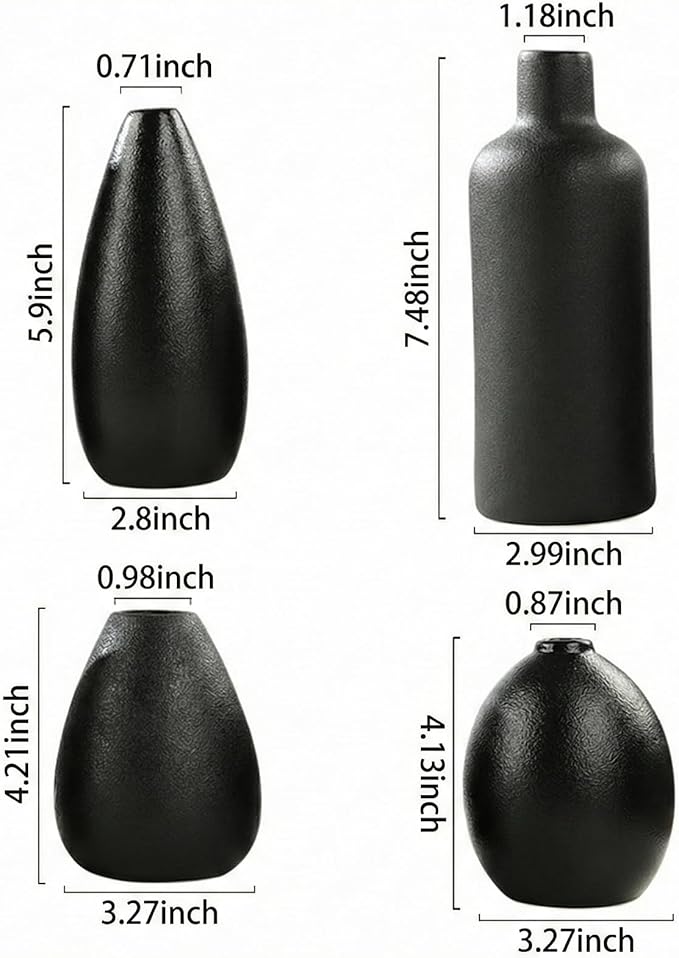 Neutral Black Ceramic Decorative Vase Set, Modern Matte Minimalist Vases for Shelf, Coffee Table, Living Room & Fireplace Mantel Decor (4, Black)