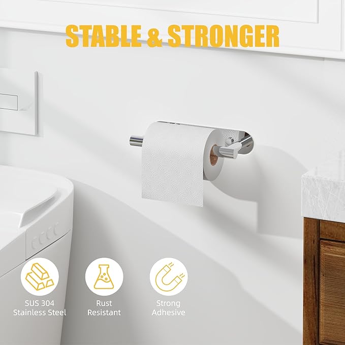 BESy Adhesive or Screw Toilet Paper Holder Wall Mount Rustproof Modern Roll Holder Flexible Pivoting Adjustable Tissue Handle with Self Adhesive or Mounted with Screws Stainless Steel Polished Chrome