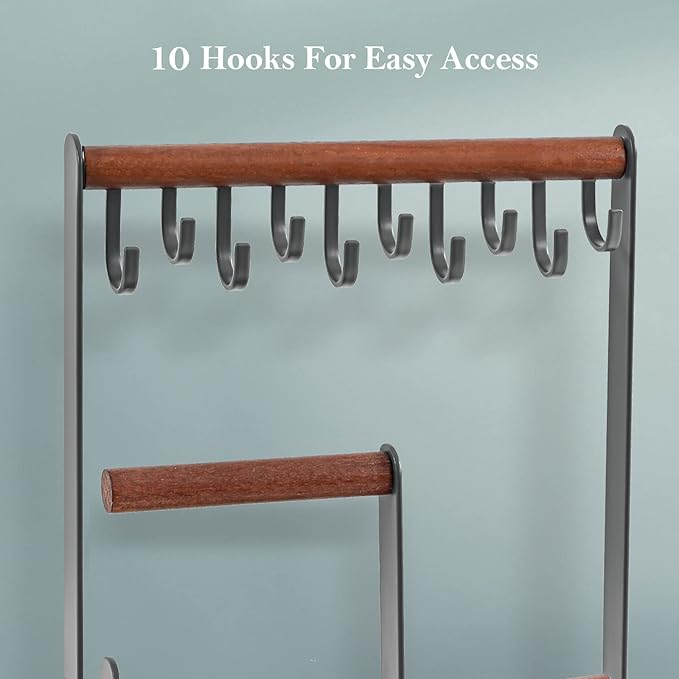 ProCase Jewelry Stand Holder Organizer, 4-Tier Necklace Holder with Ring Tray, 10 Hooks Necklaces Hanging Small Jewelry Display Storage Tower Tree for Bracelets Earrings Watches -Medium, Grey