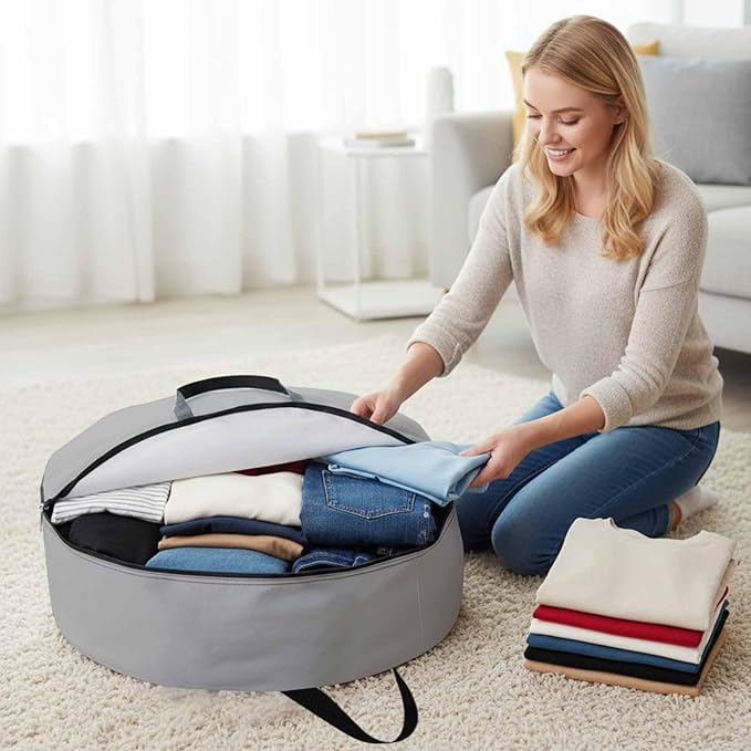 24 Inch Round Storage Bag 1 Pack,Grey Solid Color Waterproof Wreath Storage Container with Handles&Zipper Minimalist Art Closet Organizer Bags Garland Box